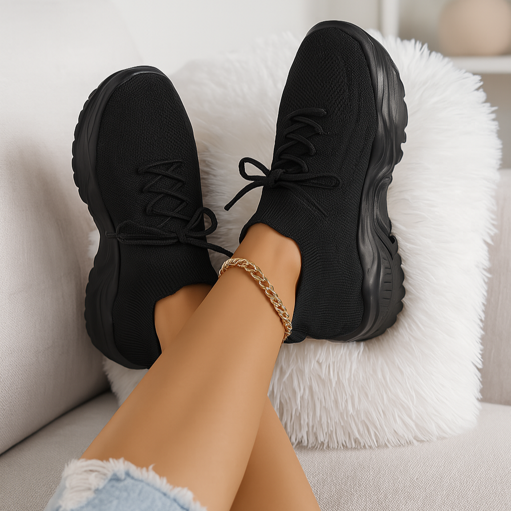 Person wearing black sneakers with a light background